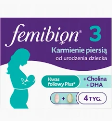 Femibion 3 Karmienie Piersią, suplement na okres karmienia piersią, zawiera zawiera Kwas Foliowy Plus, cholinę, DHA, opakowanie na 4 tygodnie, 28 tabletek i 28 kapsułek