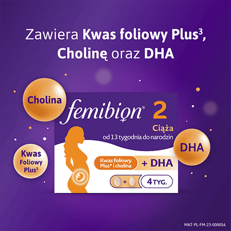Femibion 2 Ciąża, suplement diety dla kobiet w ciąży od 13 do 40 tygodnia, zawiera Kwas Foliowy Plus, cholinę, DHA, opakowanie na 4 tygodnie, 28 tabletek i 28 kapsułek